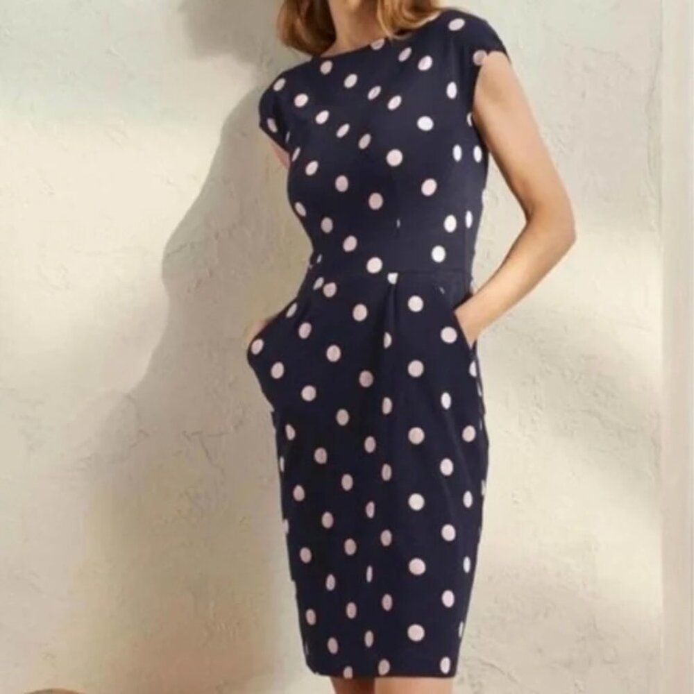 Boden Florrie Jersey Dress, navy polka dots, size 10L